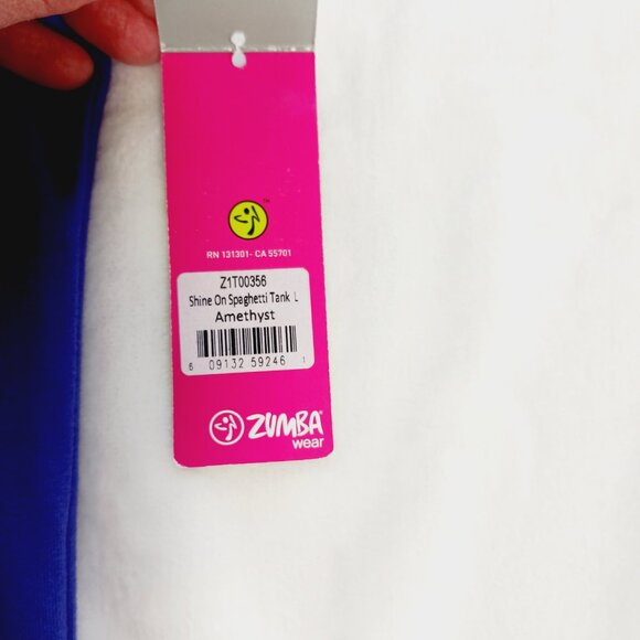 Zumba, NWT, Spaghetti Tank, Amethyst Color, Splatter Paint Print on Back, Size L - Picture 14 of 15